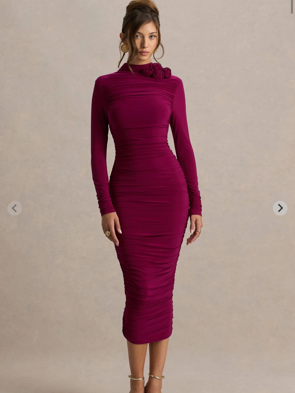 Ruched Long-Sleeve Midi Dress in Berry